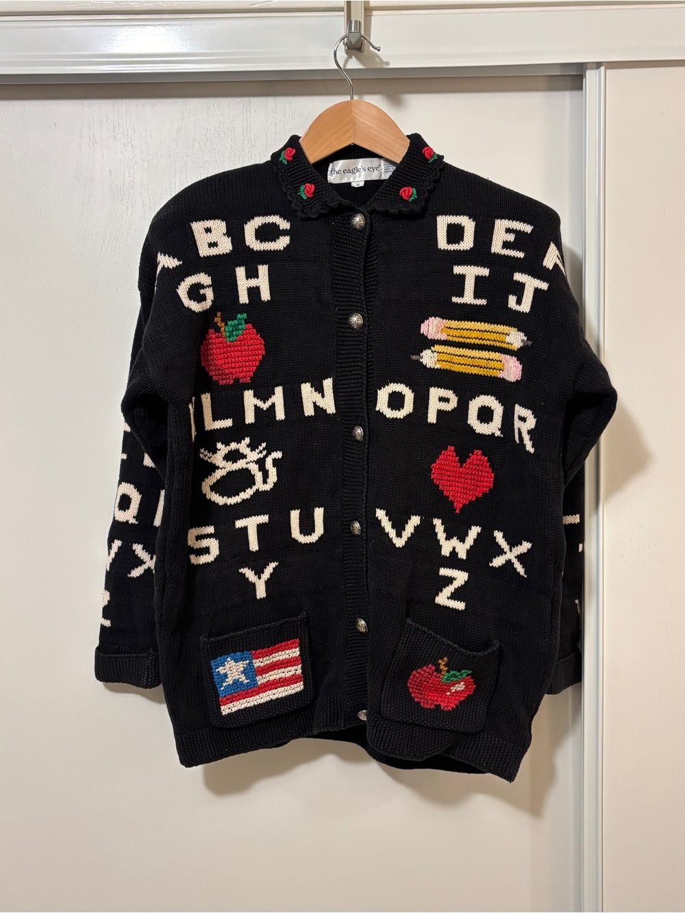 Vintage Novelty Alphabet Sweater Size S Black Grandma Teacher Cat Cottagecore - Picture 2 of 8